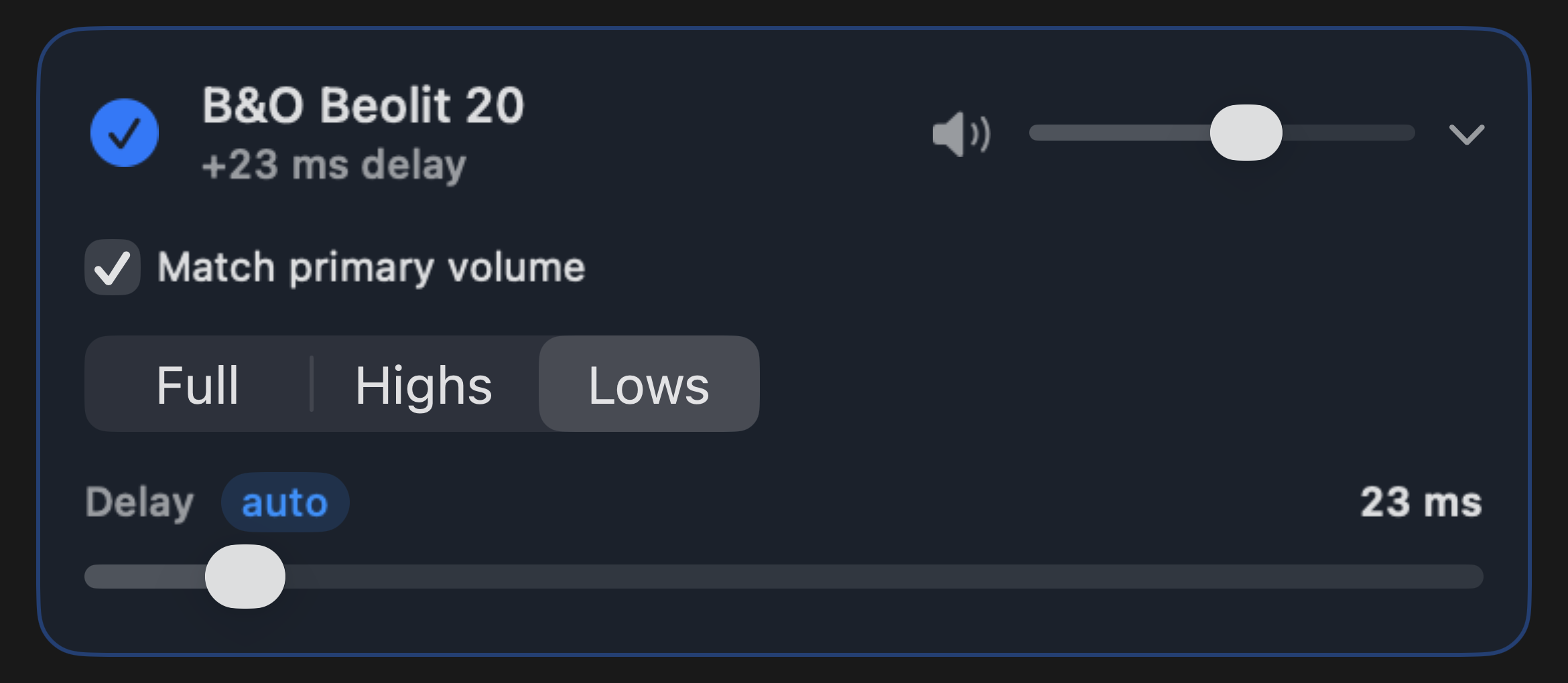 An output card expanded to show the auto-measured 23 ms delay and range controls