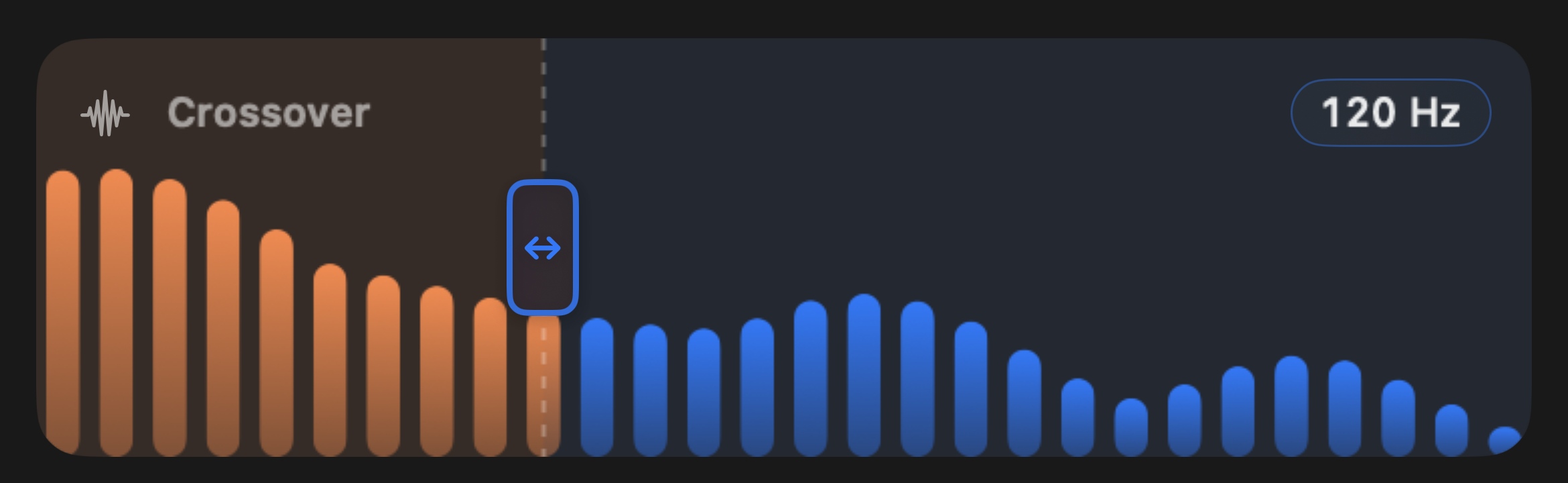 Live crossover spectrum with a draggable divider at 120 Hz splitting bass from the rest