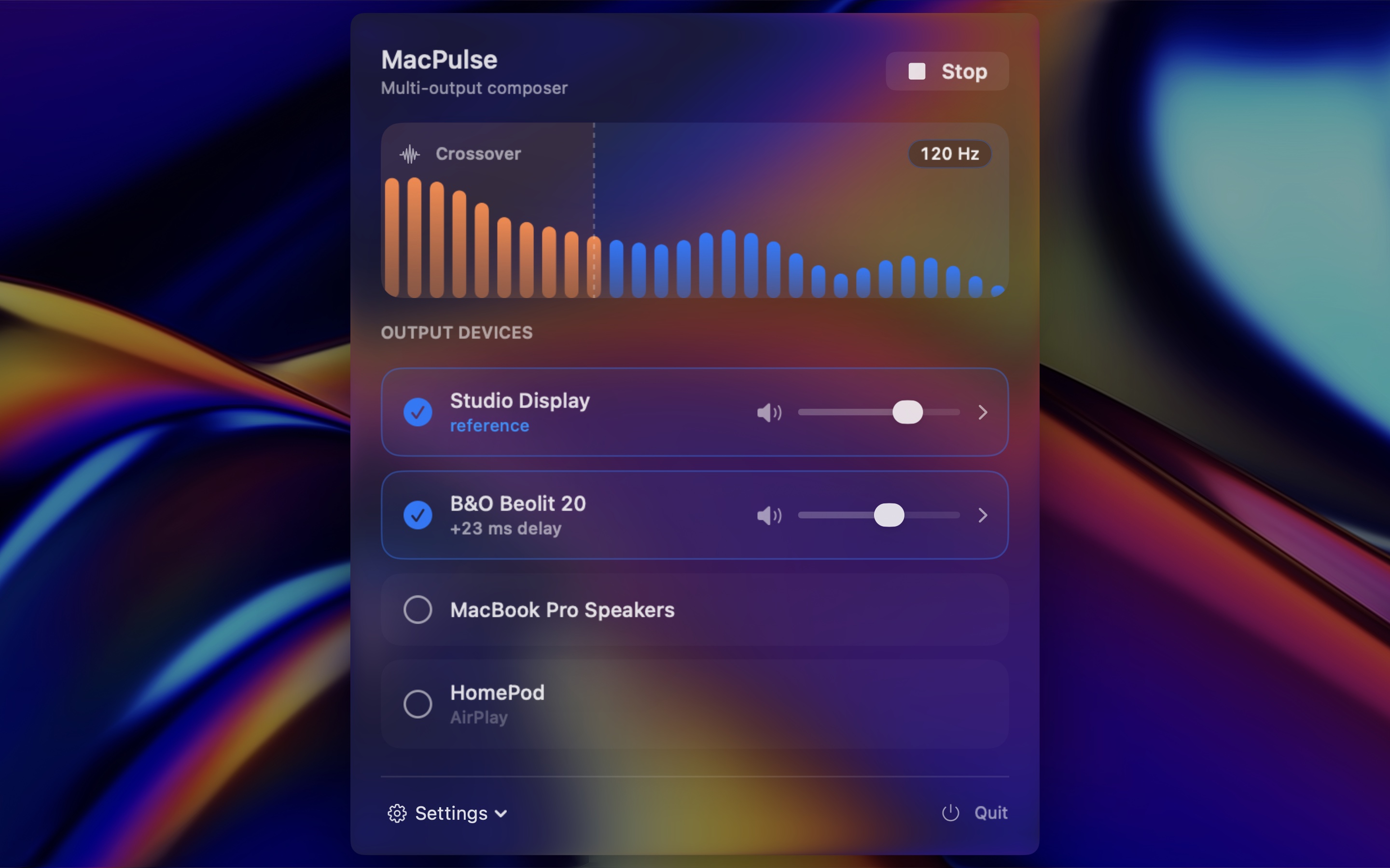 MacPulse Audio menu-bar panel routing bass to a B&O Beolit 20 while a Studio Display plays the rest